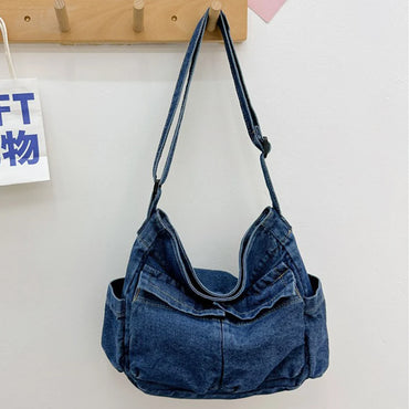 Women Casual Satchel Bag Large Capacity Denim Vintage Messenger Bag Adjustable Strap Daily Tote Bag Multifunction Chic Hobo Bag