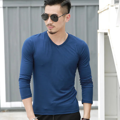 V Neck Mens T Shirts Plain Long Sleeve T Shirt Men Slim Fit Undershirt Armor Summer Casual Tee Tops Underwear Tshirt White Black