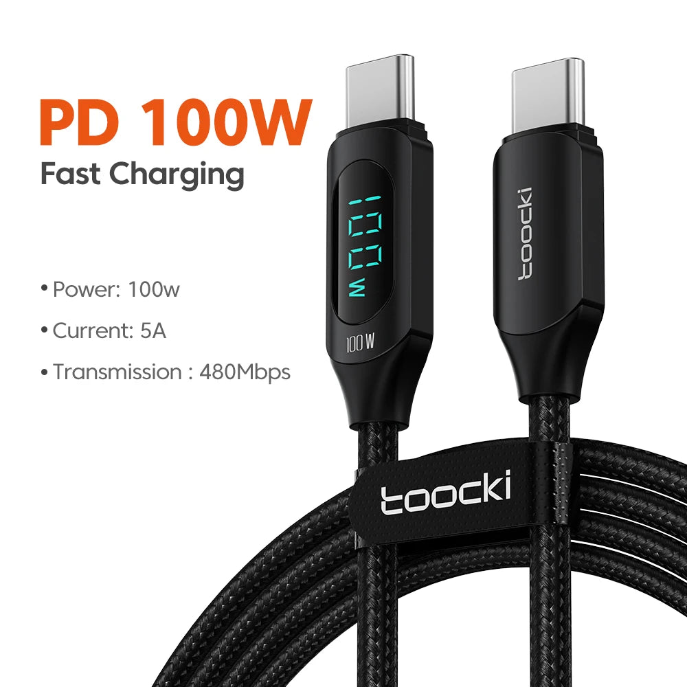 Toocki Type C 转 Type C 数据线 100W PD 快速充电器 USB C 转 USB C 显示屏数据线 适用于小米 POCO f3 Realme Macbook iPad 