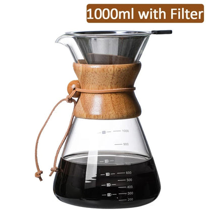 Hand Glass Coffee Kettle Coffee Maker 400ML 600ML 800ML 1L Stainless Steel Filter Dripper Manual Coffee Maker Brewer Pot