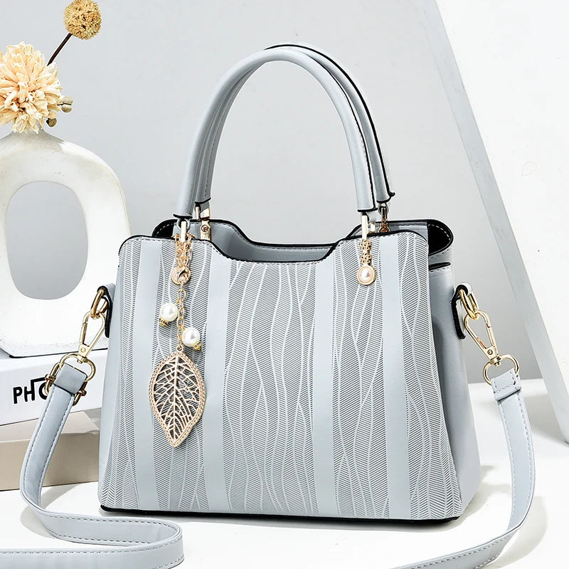 Beg Tangan Berjalur Fesyen, Beg Selempang Kulit PU Wanita, Dompet Beg Tangan Atas 