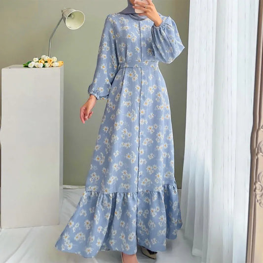 Gaun Muslim Bohemian Musim Panas Abaya Elegan Wanita Lengan Panjang Gaun Bercetak ZANZEA Dubai Vestidos Panjang Jubah Maxi Turki Kaftan 