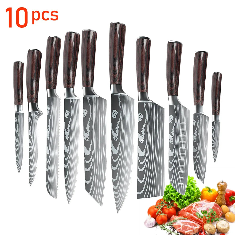 5/8pcs/10pcs Pisau Dapur Keluli Tahan Karat Jepun Pisau Chef Damascus Corak Laser Menghiris Set Pisau Dapur Santoku