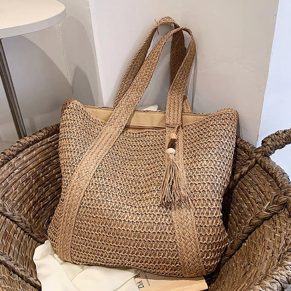 Summer Straw Woven Bag Fashion Handmade Simple Large Capacity with Tassel Pendant Hand-Woven Handbags Shopping Handbag Tote