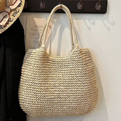 Women Crochet Beach Handbag Hasp Closure Retro Straw Handbag Solid Color Simple Weaving Handbag Ladies Summer Daily Bag