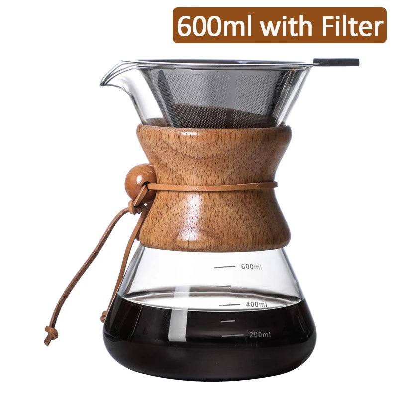 Coffee Maker Kettle Clear Hand Brew Coffee Pot High Borosilicate Glass Stainless Steel Filter Dripper Pour Coffee Server Pot