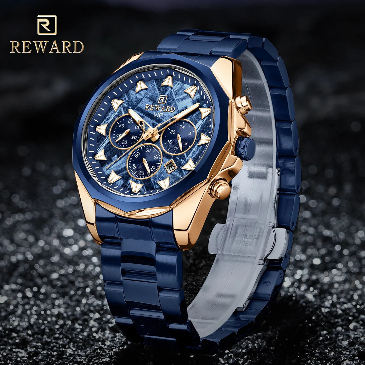 REWARD Ice Blue Quartz Watches for Men Waterproof Luminous Chronograph Watch Stainless Steel reloj hombre