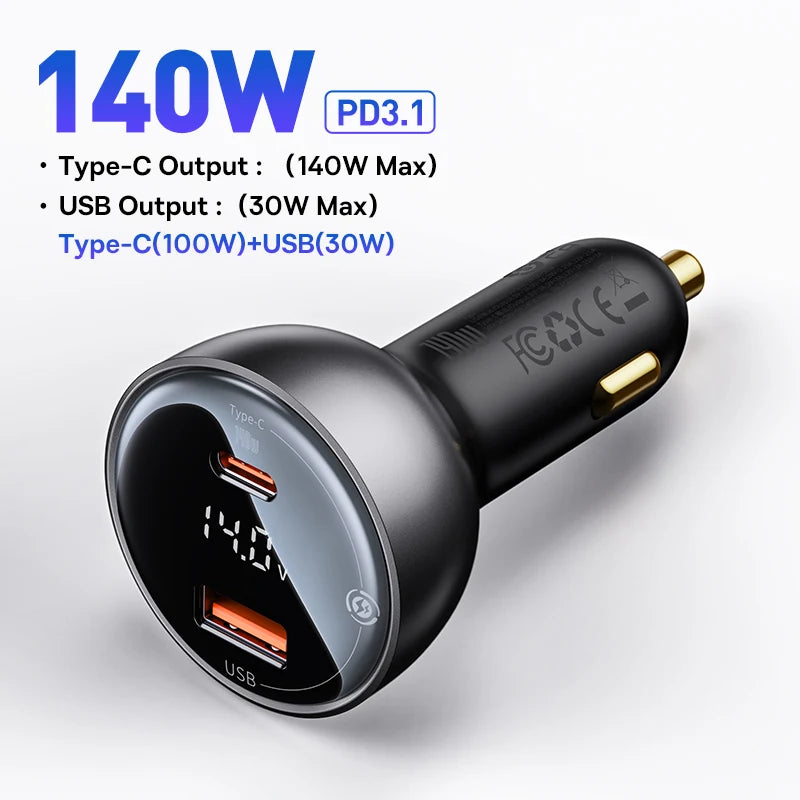 Baseus 140W PD3.1 Car Charger Fast Charging QC3.0 Quick Charge For Macbook Pro Laptop USB Type C Car Phone Charger For iPhone 16