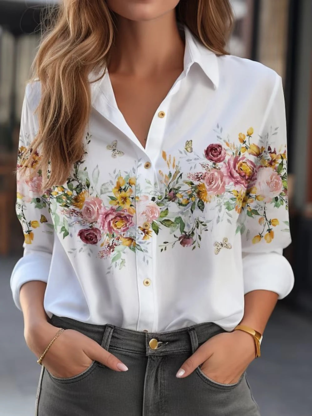 Women's Shirt & Blouses Elegant Flower Shirt 3D Print High Quality Long Sleeve Fashion Large Size Female Clothing Blouse