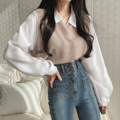 Summer Blouse Women Korean Style False Two-piece Polo Collar Blouses Y2k Tops Streetwear Loose Youth Pullovers Elegant Shirt