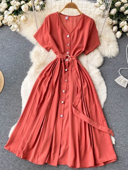 Summer Vintage V-Neck Single Breasted Midi Dress For Women Elegant Short Sleeve High Waist A-Line Slim Green/Red/Purple Vestidos