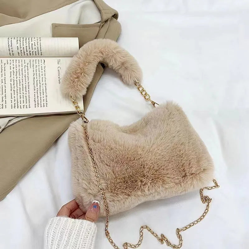 Winter Plush Tote Handbag Versatile Fluffy Shoulder Bag Soft Cute Chain Crossbody Bag Fashion Women Girls Small Square Handbag