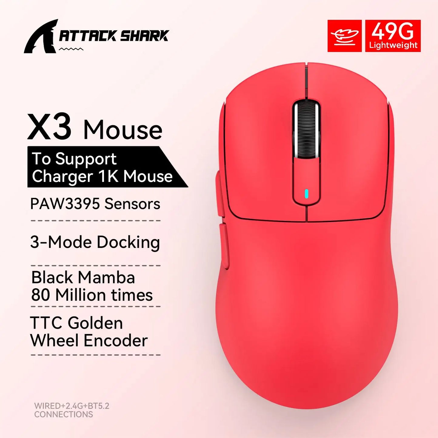 Attack Shark X3 mouse , 49g Lightweight Mouse Pixart 3395 Gaming Mouse Wireless  2.4G Bluetooth Gaming Esport Mouse Laptop