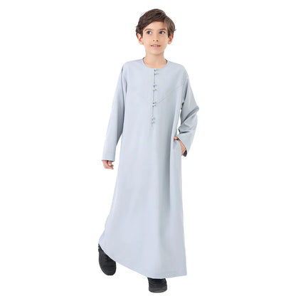 Arab Muslim Kids Boy Jubba Thobe Abaya Satin Long Dress Kaftan untuk Anak-anak Pakaian Islami Jubah Panjang Dress Dubai Arab Ramadan 