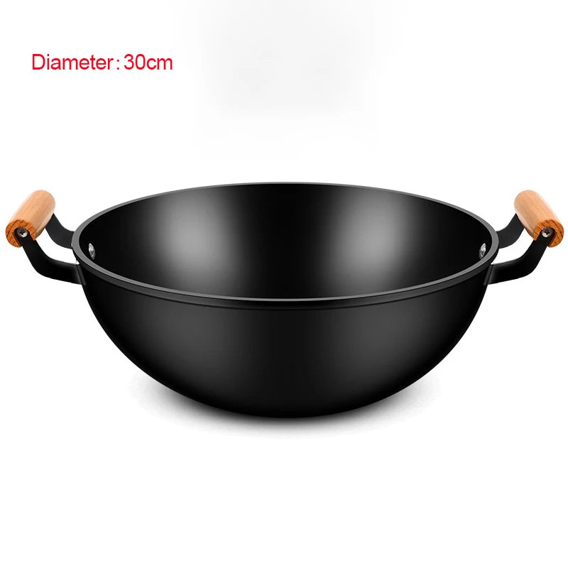 Cast Iron Pan with Double Ears and Wooden Handle for Home Use Uncoated Old Style Thickened Multi-purpose Pig Iron Pancake Pan