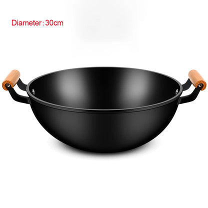 Cast Iron Pan with Double Ears and Wooden Handle for Home Use Uncoated Old Style Thickened Multi-purpose Pig Iron Pancake Pan