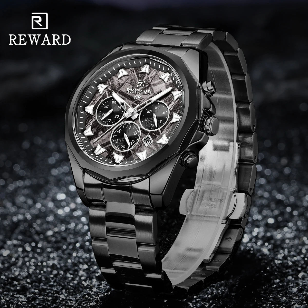 REWARD Ice Blue Quartz Watches for Men Waterproof Luminous Chronograph Watch Stainless Steel reloj hombre