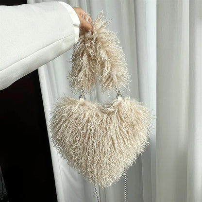 Faux Natural Fur-Ever Mongolian Furry Fur Heart Shape Oversized Tote Bags For Women Handbags With Long Shoulder Fur Straps