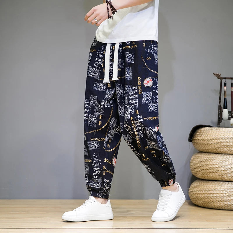 Chinese Style Man Pants Spring Summer Thin Breathable Cotton Linen Pants Men Harem Pants Printed Casual Pants Loose Pants Men