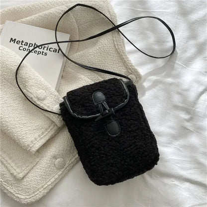 Winter Lambswool Phone Bag Women Faux Fur Shoulder Bags Sweet Lovely Portable Wallets Female Plush Crossbody Bag Square Purse