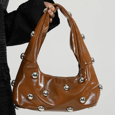 Underarm Bag Fashion Women PU Rivet Shoulder Bag Adjustable Strap Trendy Tote Handbag Punk Style Satchel Purse Chic Hobo Bag