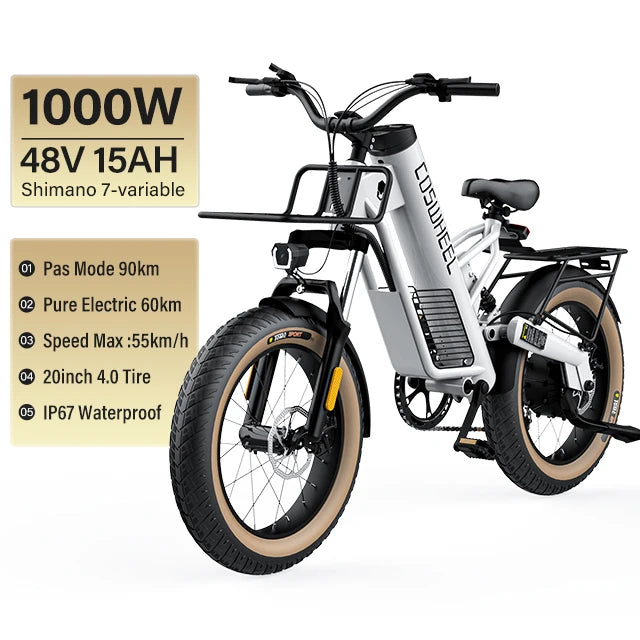 Basikal Elektrik Coswheel M20 Basikal elektrik untuk dewasa 1000W Ebike 20 Inch Tayar 48V 20AH Bateri Luaran Kargo Basikal Salji Jalan Raya 