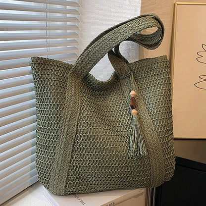 Summer Straw Woven Bag Fashion Handmade Simple Large Capacity with Tassel Pendant Hand-Woven Handbags Shopping Handbag Tote