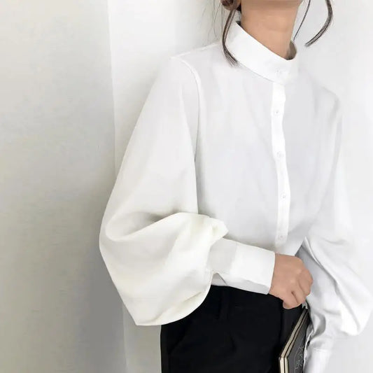 FSMG-Women Vintage Shirt with Stand Collar,Lantern Sleeves, Single-Row Button, Office Graceful Top, Trendy, Black, Spring/Autumn