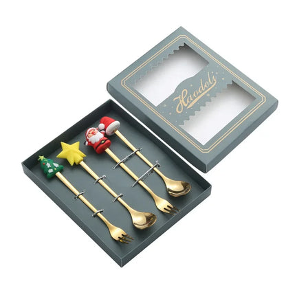 Stainless Steel Spoon,cute Creative Christmas Tree Coffee Mixing Spoon,dessert Fruit Fork,figurine Spoon Fork Cutlery,gift Set