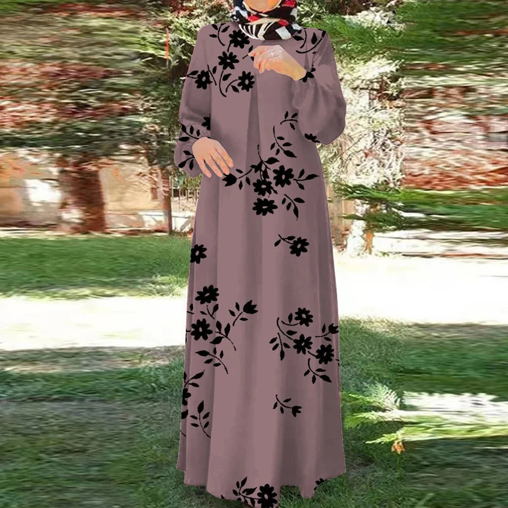 2024Elegant Muslim Islam Abaya Women Floral Print Dubai Turkey Long Sleeves O-neck Muslim Dresses Casual Arab Abaya Morocco Robe