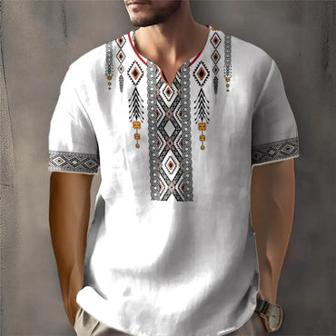 Vintage T-shirt For Men African Traditional Ethnic Style Print T-shirt Loose V-Neck Short Sleeved Tee Oversized Men Clothing Top