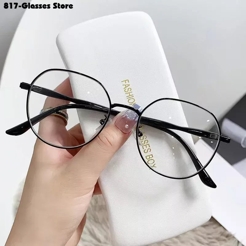 New Metal Myopia Glasses Fashion Transparent  Retro Round Eyeglass Frame Minus Sight Eyeglasses -4.0