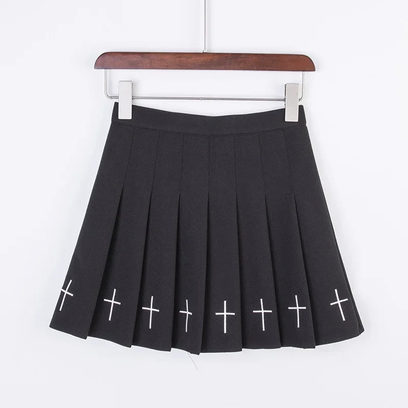 Skirt Mini Pinggang Tinggi Hitam Punk Pleated Vintage Skirt Gothic Streetwear Cross Cetak Skirt Wanita Berlipat Lolita Skirt Harajuku 