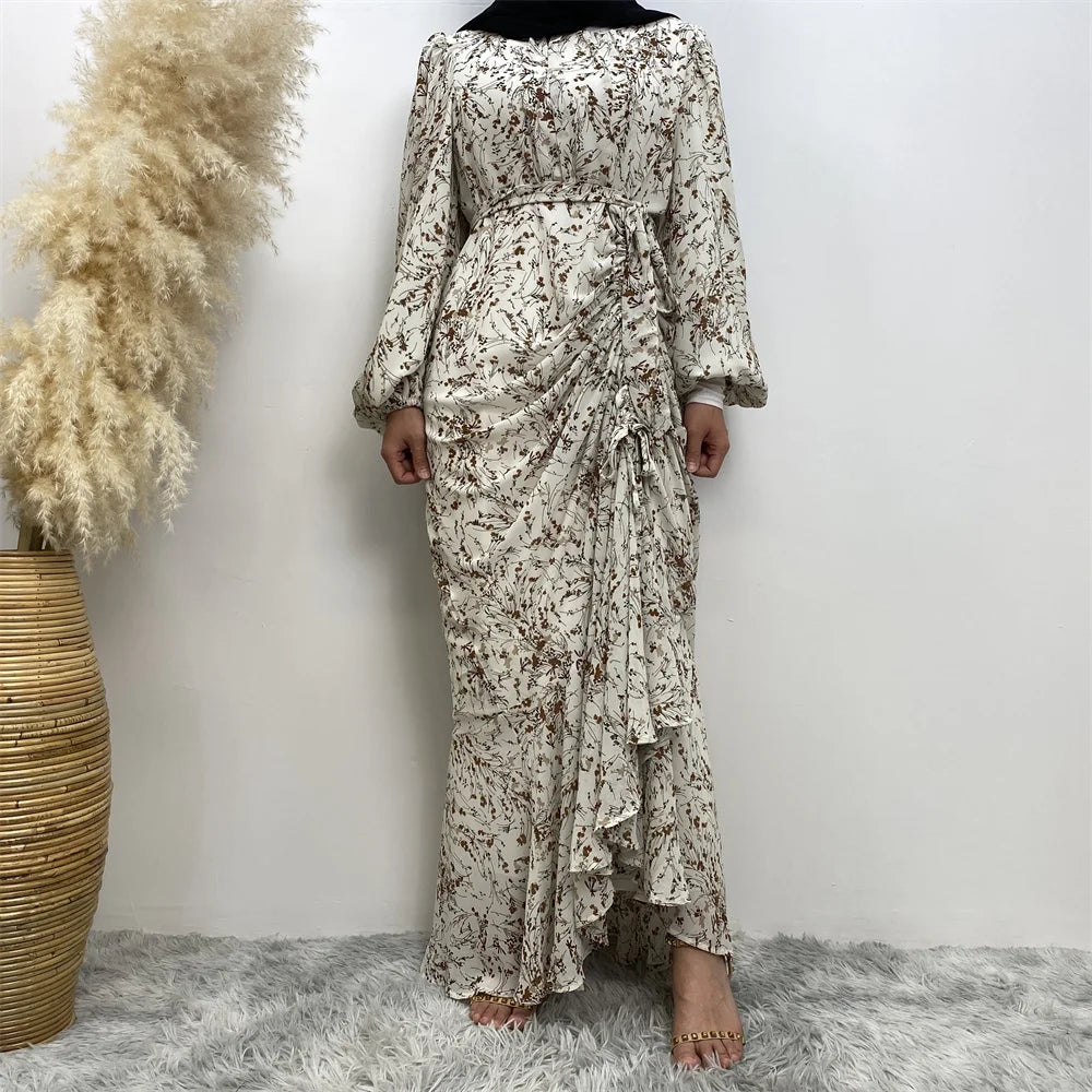 Muslim Women's dress Casual print bark crepe long dress Zipper collar long sleeves loose Muslim maxi dress