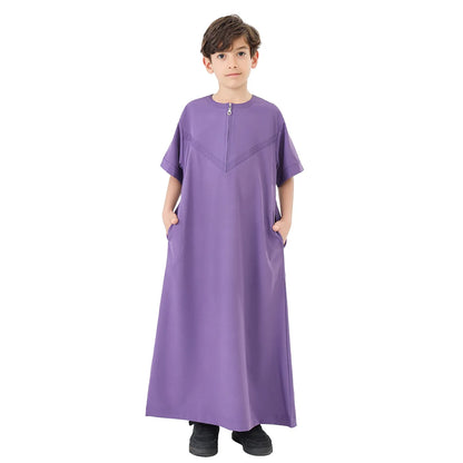 Arab Muslim Kids Boy Jubba Thobe Abaya Satin Long Dress Kaftan untuk Anak-anak Pakaian Islami Jubah Panjang Dress Dubai Arab Ramadan 