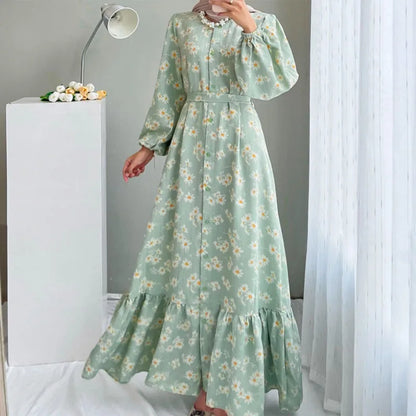 Gaun Muslim Bohemian Musim Panas Abaya Elegan Wanita Lengan Panjang Gaun Bercetak ZANZEA Dubai Vestidos Panjang Jubah Maxi Turki Kaftan 