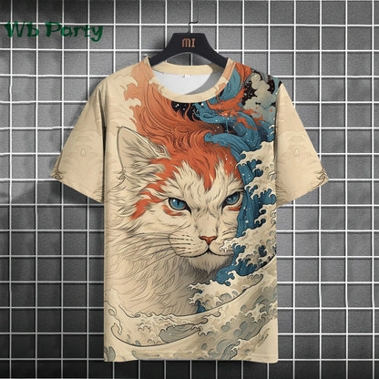 Vintage Cat Pattern Print Short Sleeve T-shirts Man Cat Print Custom T shirt Vintage Shirts Graphic Tee Men's Summer Clothes Tee