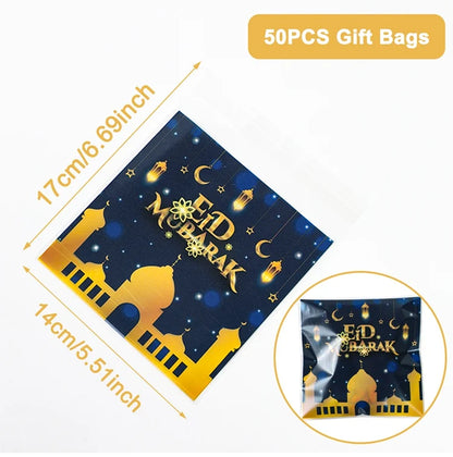 50pcs Beg Hadiah Eid Mubarak Plastik Beg Kuki Gula-gula OPP Ramadan Kareem Hiasan Pesta Perlengkapan Pesta Muslim Hadiah Aidil Adha 