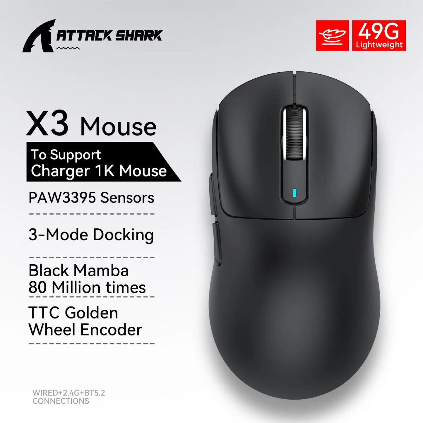 Attack Shark X3 mouse , 49g Lightweight Mouse Pixart 3395 Gaming Mouse Wireless  2.4G Bluetooth Gaming Esport Mouse Laptop