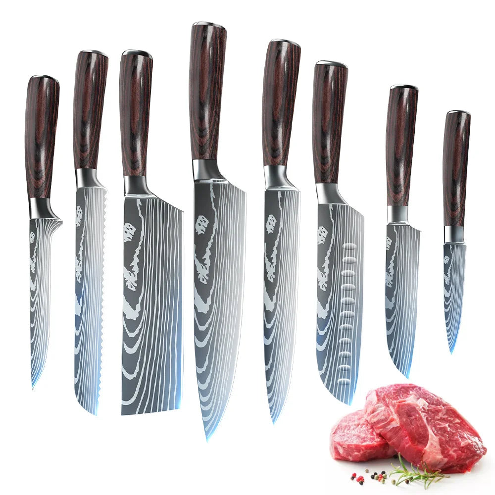 5/8pcs/10pcs Pisau Dapur Keluli Tahan Karat Jepun Pisau Chef Damascus Corak Laser Menghiris Set Pisau Dapur Santoku