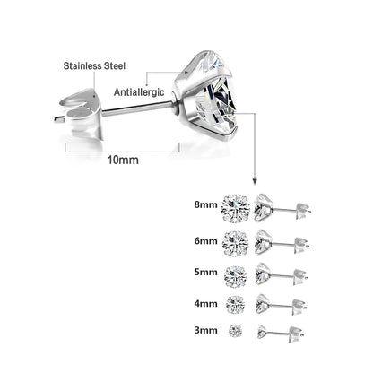 LUXUSTEEL 1Pairs/2Pcs Stainless Steel Crystal Studs Earrings For Women Men 4 Prong Tragus Round Clear Cubic Zirconia Ear Jewelry