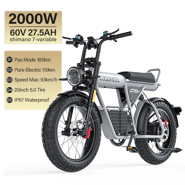 Basikal Elektrik 2000W Motosikal Ebike 20 Inch FatTire Basikal 60V 27.5AH Bateri Fatbike Basikal Basikal Elektrik Untuk Dewasa 