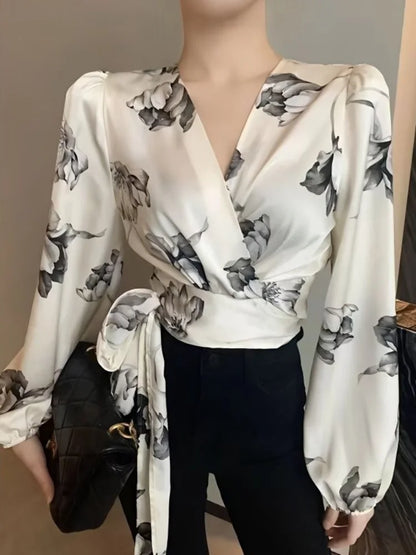 Pretty and Cheap Women's Blouse Sexy Asymmetrical Cool Floral Beautiful Top Ruffle Chiffon Trends Satin Shirt Woman Youth Casual