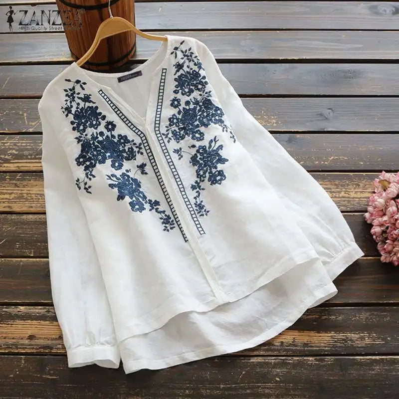 ZANZEA 2024 Women Vintage Tops Cotton Embroidery Retro Tunic Tops V Neck Blusas Chemises Holiday Blouses Long Sleeve Shirts