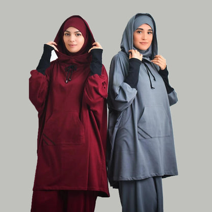 Women's Hooded Sports Suit Muslim Hijab Dress Eid Prayer Wear Jilbab Abaya Long Khimar Full Cover Soft Stretch Large Robe