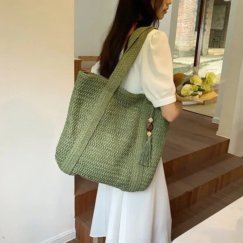 Elegant Ladies Straw Woven Handbag Women Holiday Beach Commute Casual Tote Top-Handle Bags Fashion Retro Shoulder Bags 2024