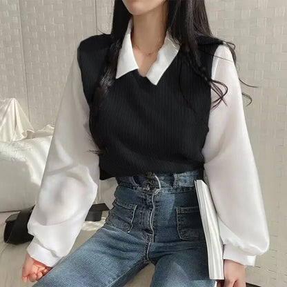 Women False Two-piece Polo Collar Blouse Loose Tank Top Spliced Long Sleeve Shirts Off the Shoulder Blouses Autumn Pullovers Top