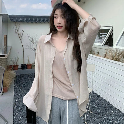 Summer Sun Protection Shirts Women Korean Fashion Simple Solid Thin Blouse Female Long Sleeve Casual Loose Beach Shirt Mujer