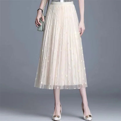 Skirt Bunga Mesh Wanita 2024 Musim Bunga Musim Panas Lace Berbondong-bondong Buaian Besar Elastik Pinggang Tinggi Fesyen Elegan Skirt A-line Skirt separuh 