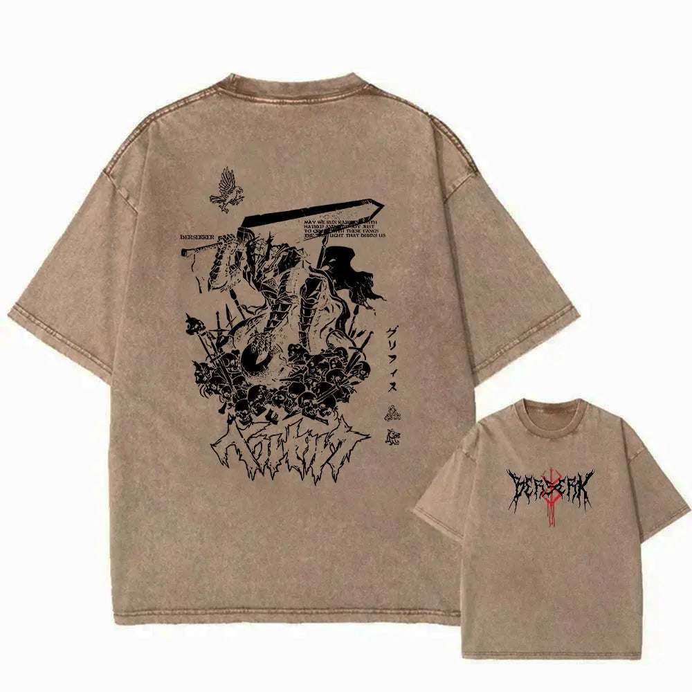 Men Streetwear Vintage Washed T-shirt Harajuku Anime Graphic Print T Shirts Oversized Summer Casual Loose Tops Tee Shirt